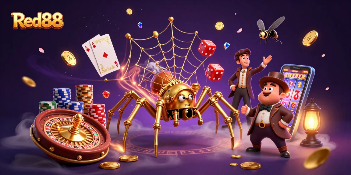 Experience thrilling gambling at Red88 with a captivating steampunk spider in a dynamic casino scene.