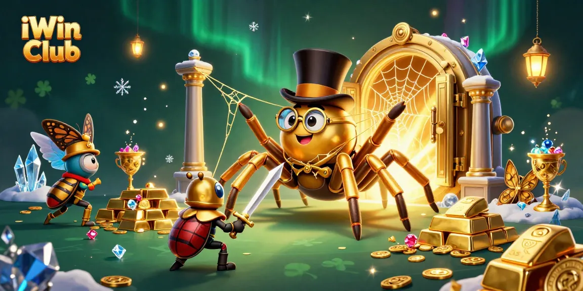 Experience lively gaming with iWin Club's vibrant illustration featuring a golden tarantula and beetle knight among riches.