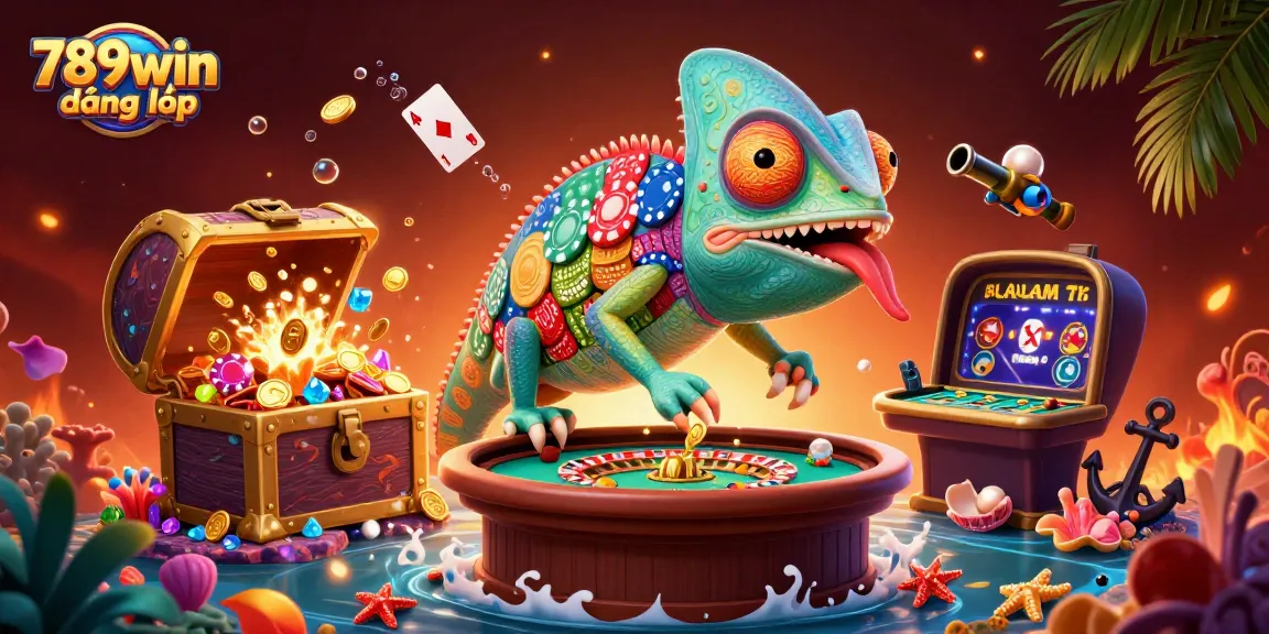 Engage with vibrant 789win đăng nhập illustration showcasing a colorful chameleon casino owner amidst treasure and game elements.