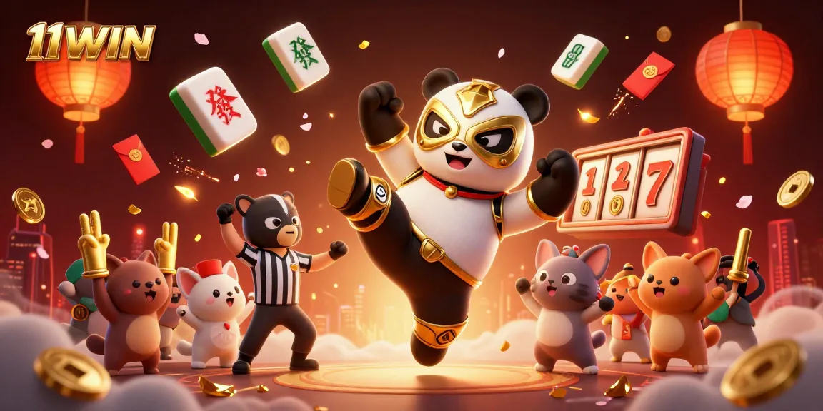 Engage in thrilling gameplay at 11WIN with a lively scene of a panda wrestler and lucky charms!
