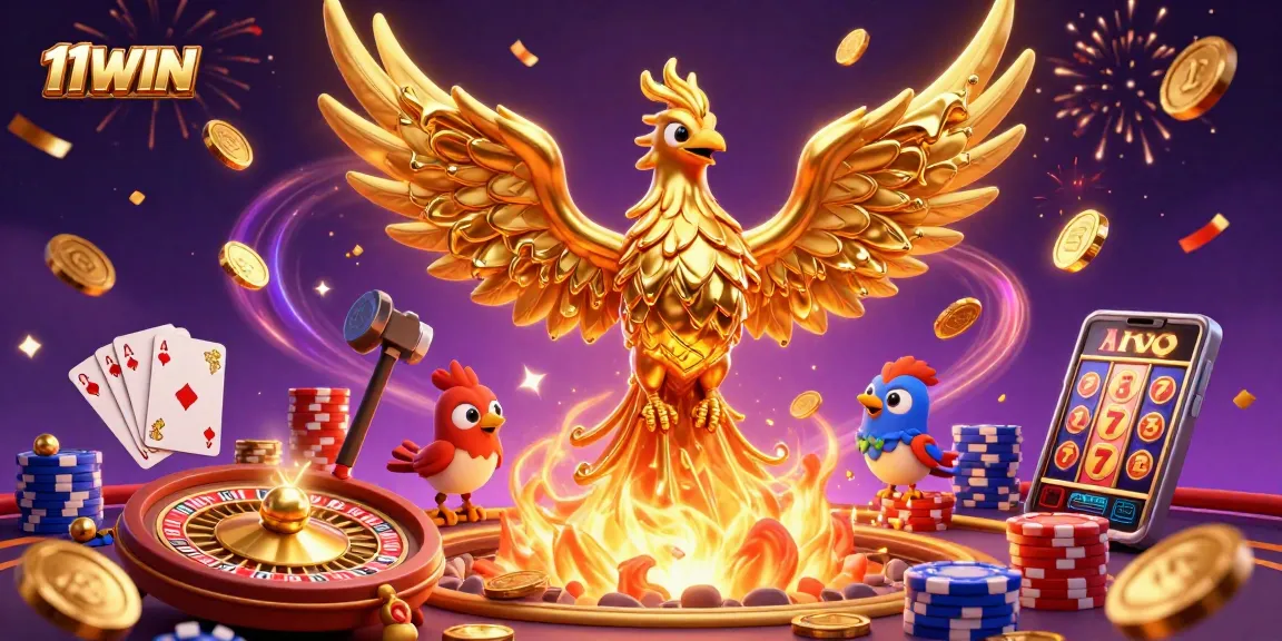 Engage with 11WIN in an exhilarating casino scene filled with golden winnings and vibrant game elements.