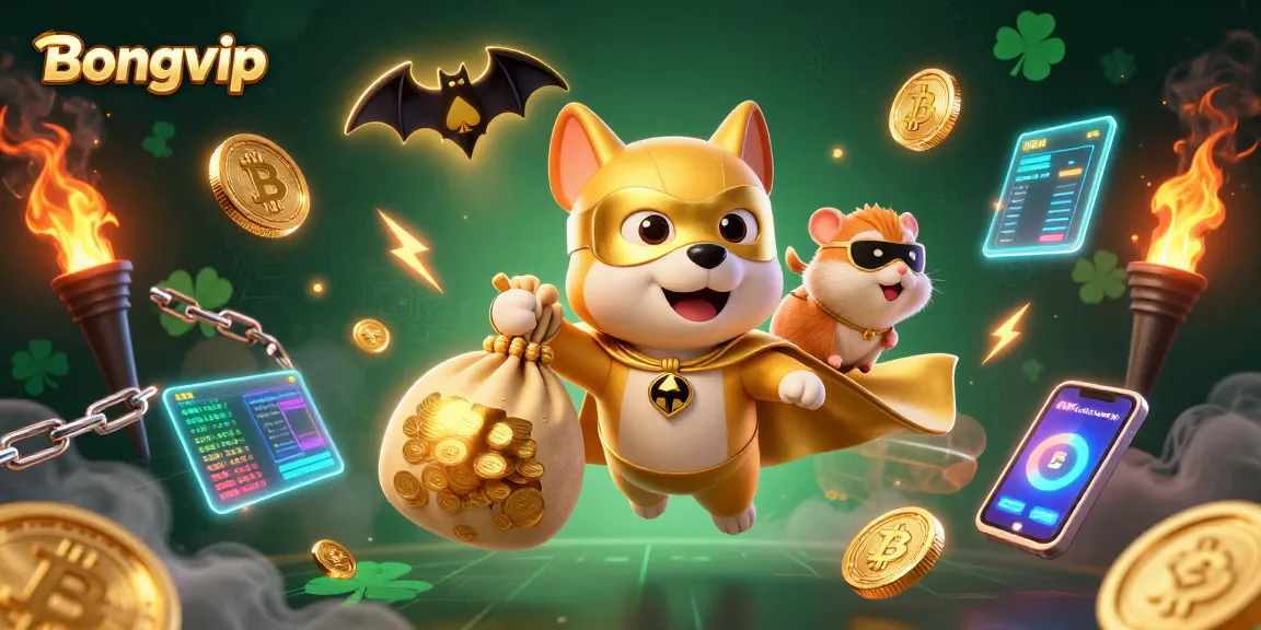 Bongvip gaming experience illustrated with a superhero dog and sidekick in a dynamic casino scene.