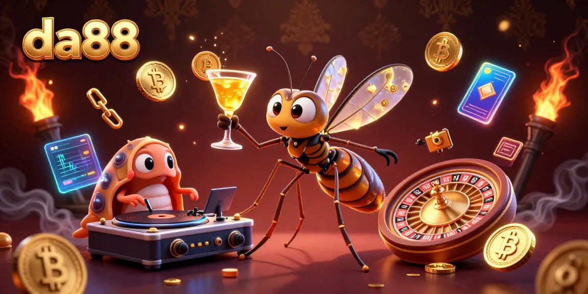 Engage with da88's vibrant casino scene featuring a lively mosquito mascot and a trilobite DJ.