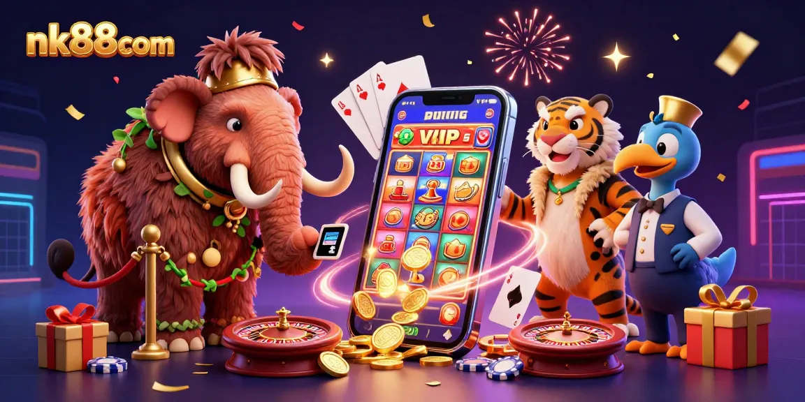 Engage with nk88com through festive casino scenes featuring unique characters and exciting game elements.