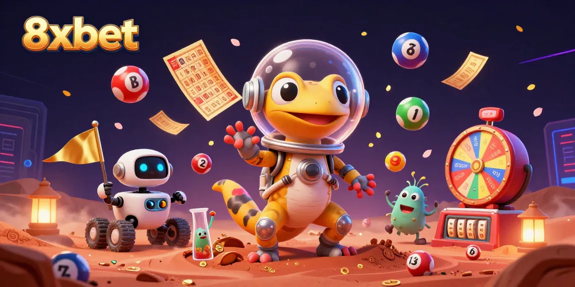 Experience the excitement of 8xbet with a vibrant gambling scene led by a Martian gecko.