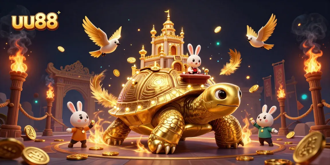 Experience thrilling gaming at uu88 with an exciting illustration of a golden tortoise casino, featuring dynamic gameplay elements.