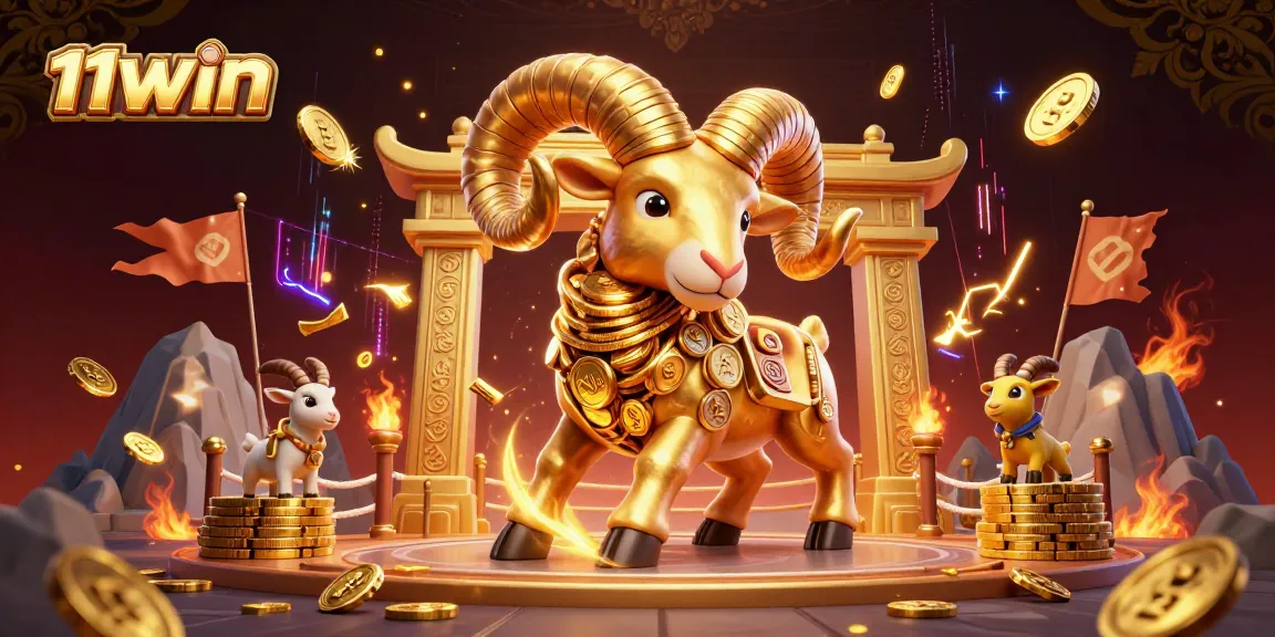 Experience the thrill of 11WIN with animated golden ram charging, surrounded by vibrant casino elements.