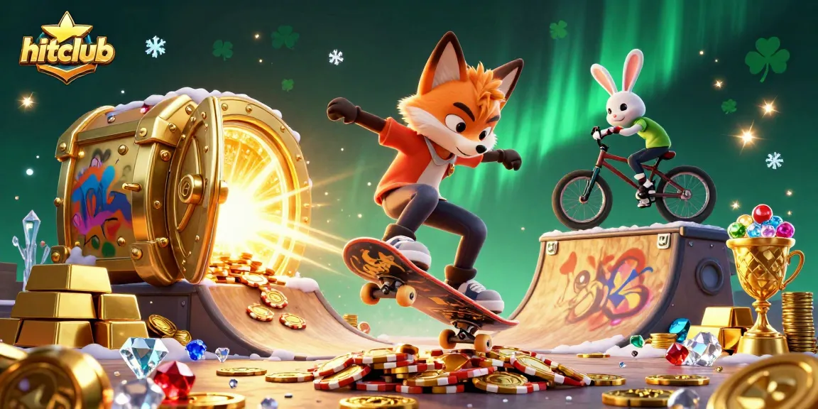 Hitclub's exciting casino adventure scene with playful characters and dynamic gambling elements among gold and gems.