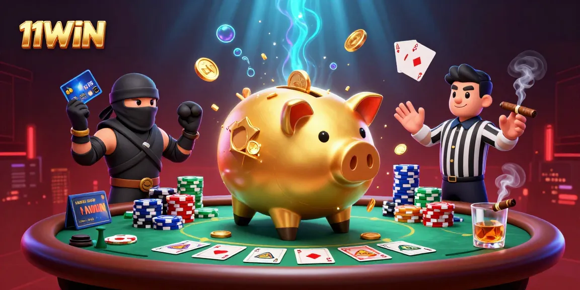 Engage with 11WIN's thrilling gaming scene featuring a powerful sumo battle with cards and coins.