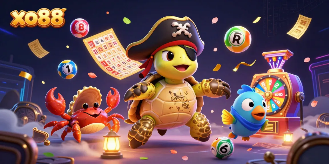 Engage with exciting games at xo88 featuring colorful lottery balls, a treasure-hunting turtle, and vibrant casino elements.