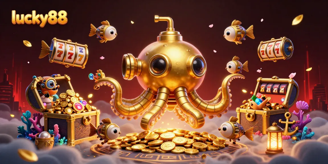 Experience thrilling luck with lucky88 as a golden kraken submarine reveals treasure amidst slot reels and gems.