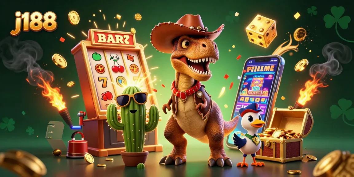 j188 wins big as the cowboy dinosaur celebrates with slots, coins, and confetti in this vibrant casino scene