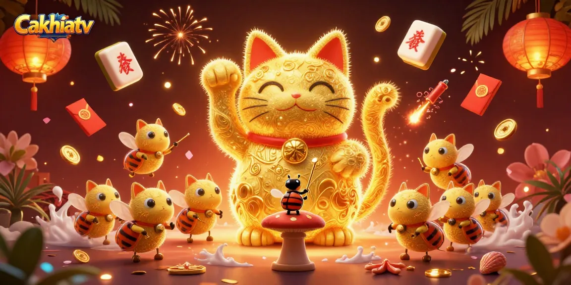 Experience the excitement of Cakhiatv with vibrant casino elements and a lucky cat illustration.