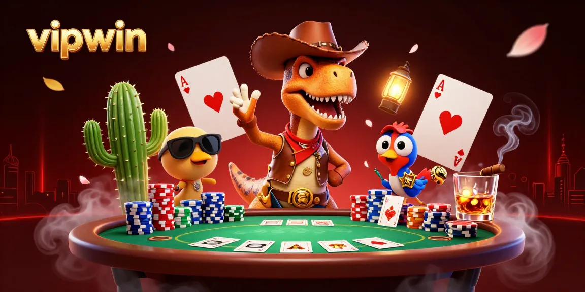 Experience thrilling poker action with vipwin featuring playful dinosaur characters at the tables.