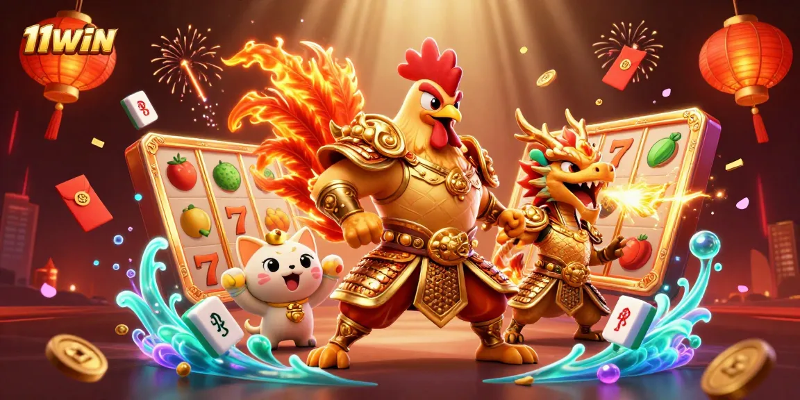Experience thrilling wins at 11WIN with powerful warriors and dynamic game elements in an exciting casino scene.